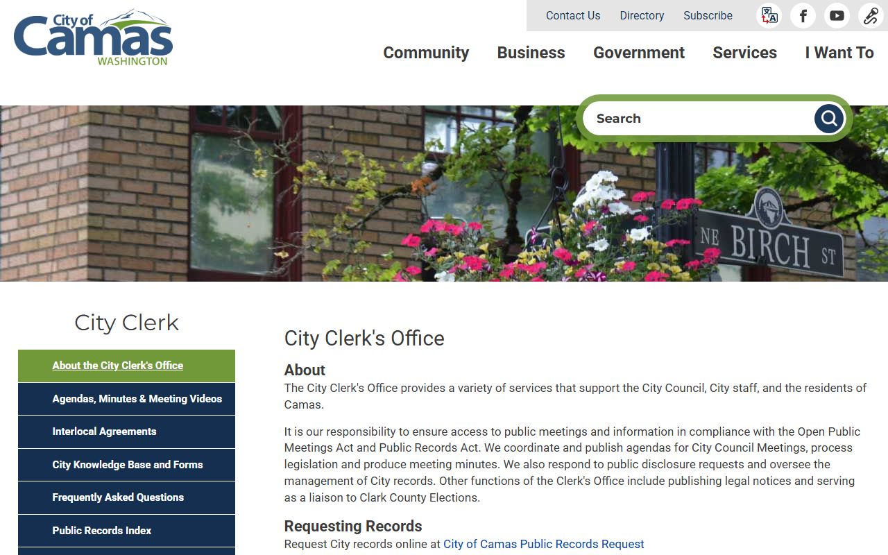 Camas city clerk dissolution of marriage records public records Clark County