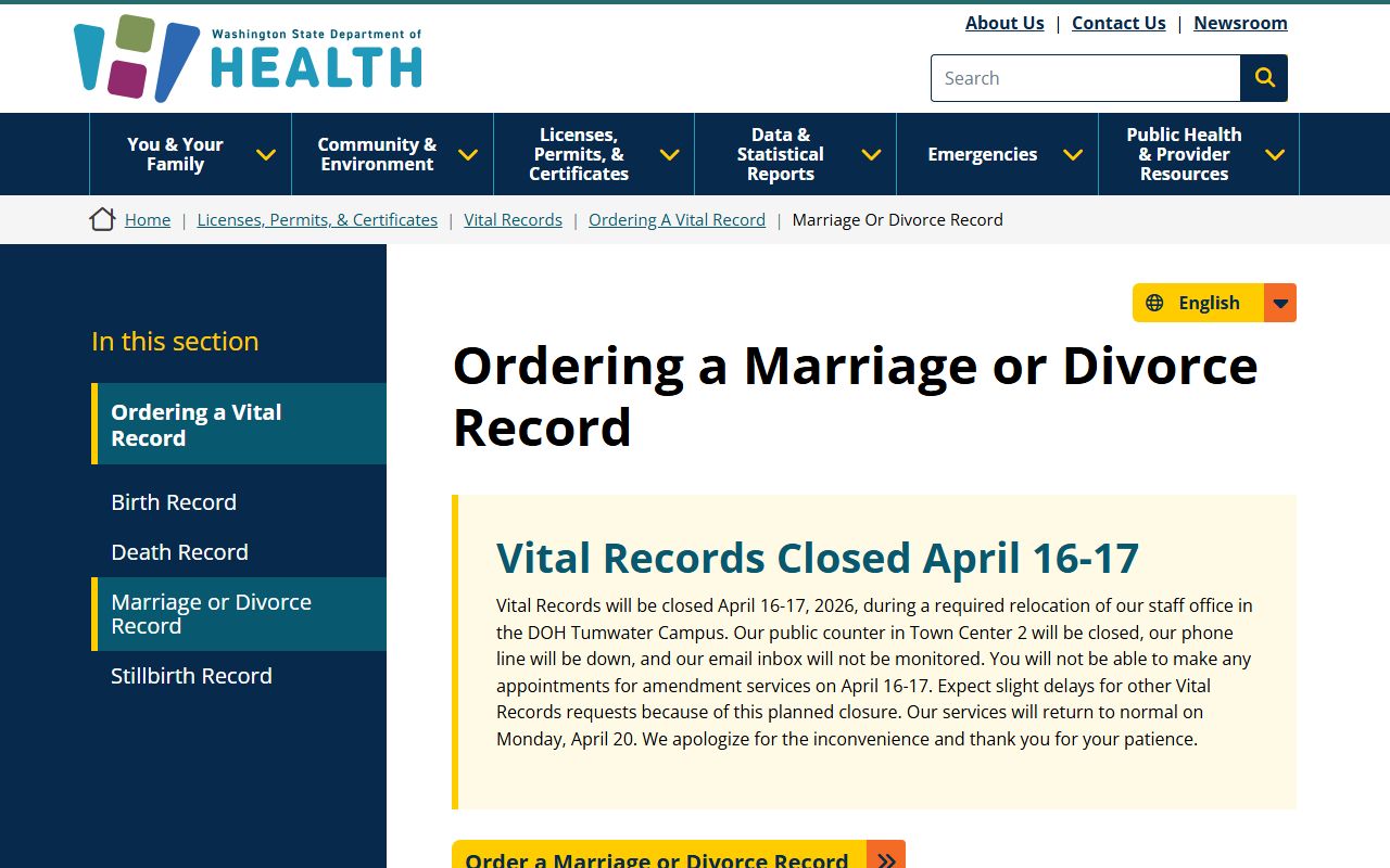 Richland dissolution of marriage Washington DOH vital records certificates