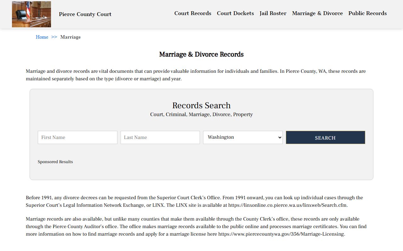Spanaway dissolution of marriage records - Pierce County court records search portal
