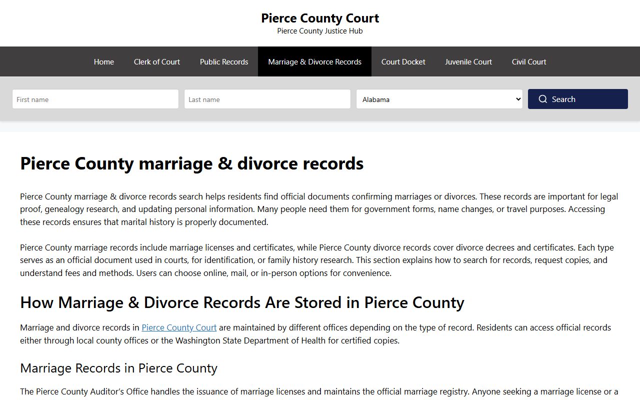 Spanaway dissolution of marriage records - Pierce County marriage and divorce records page