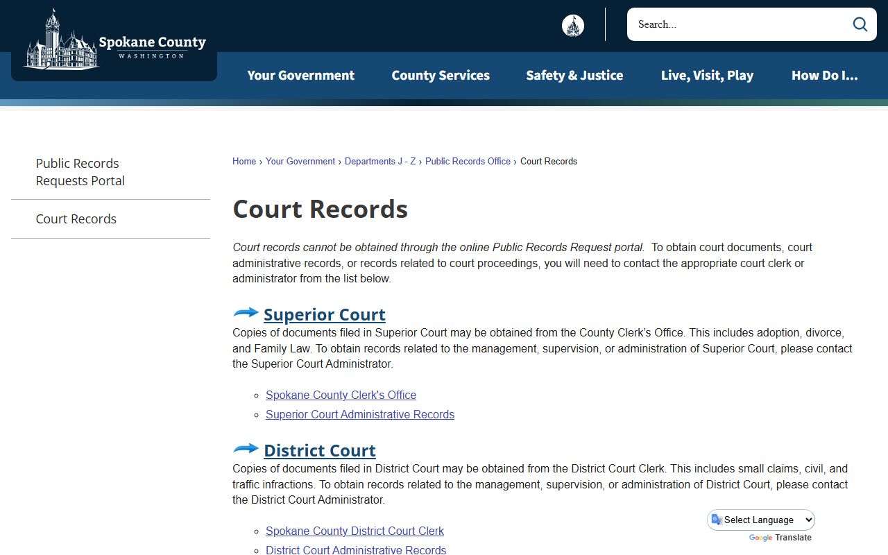Spokane dissolution of marriage - Spokane County Court Records page
