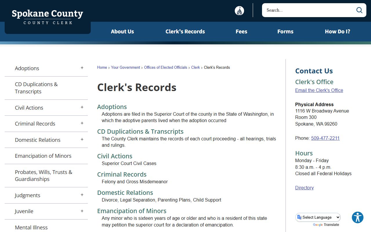 Spokane dissolution of marriage records - Spokane County Clerk's Records page