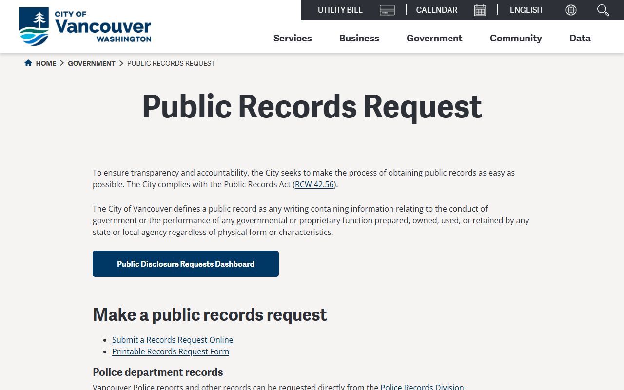 Vancouver dissolution of marriage - City of Vancouver public records request page