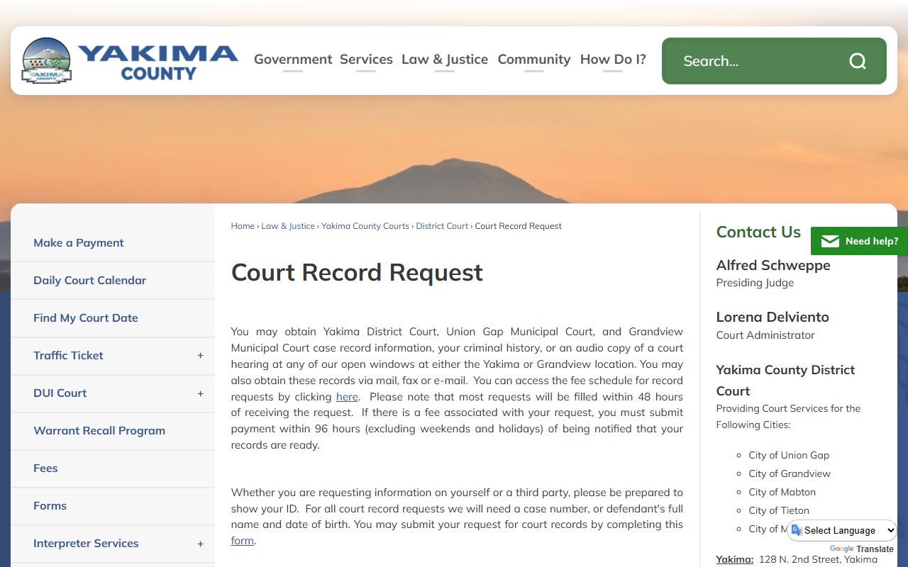 Yakima dissolution of marriage - Yakima County court record request page
