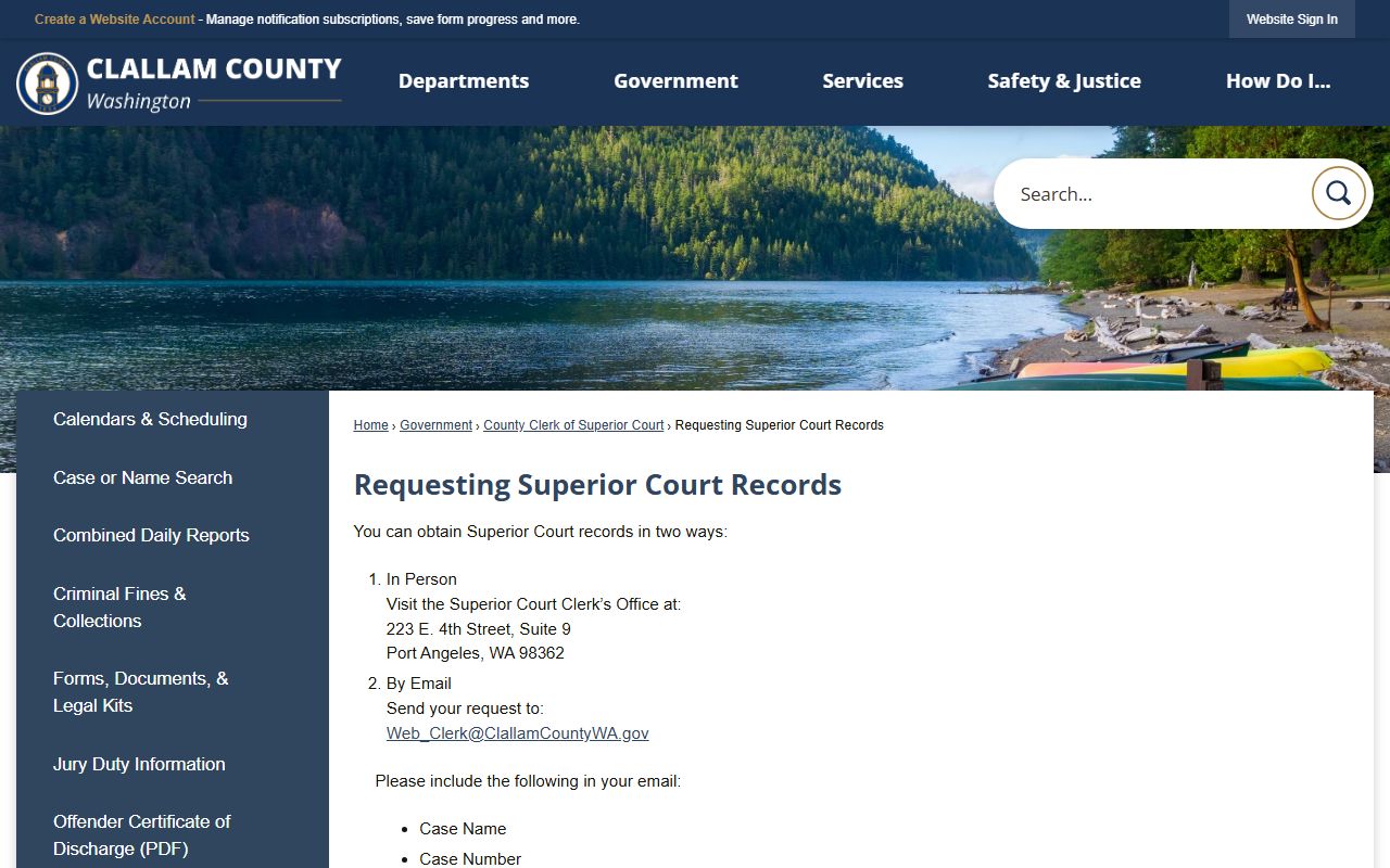 Clallam County dissolution of marriage superior court records request page