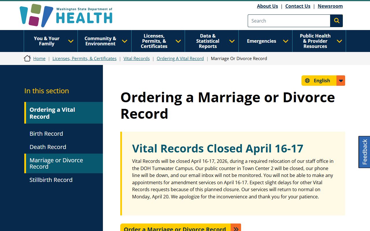 Cowlitz County dissolution of marriage DOH vital records Washington