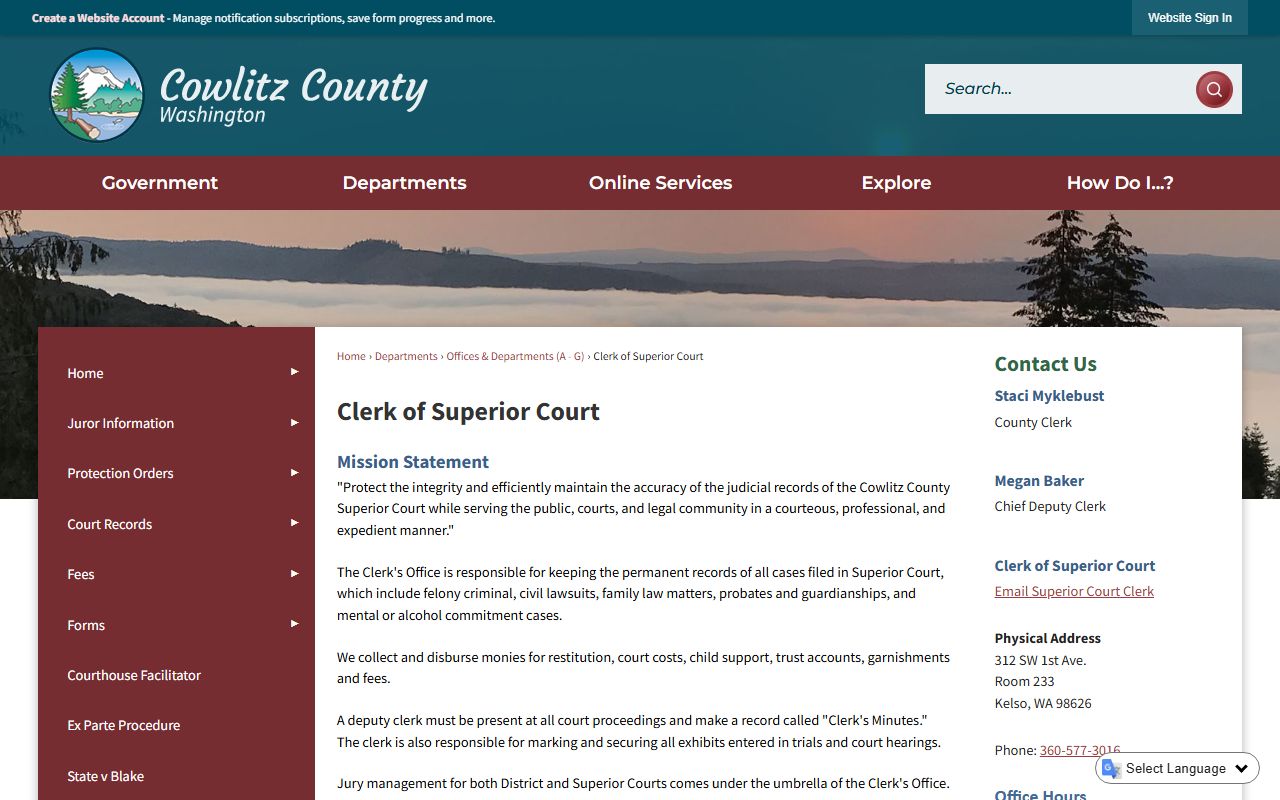 Cowlitz County dissolution of marriage superior court clerk official page