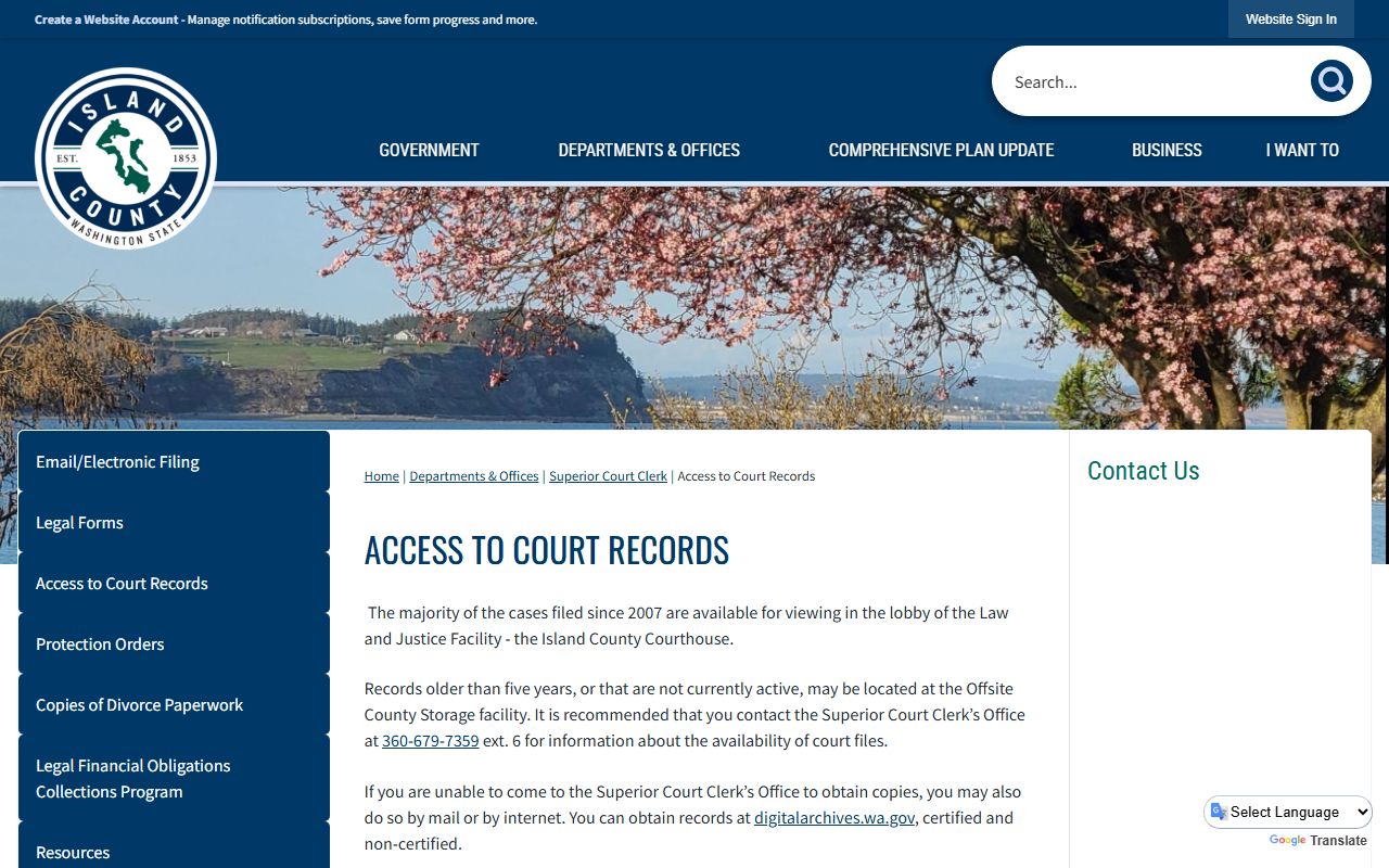 Island County dissolution of marriage access to court records page