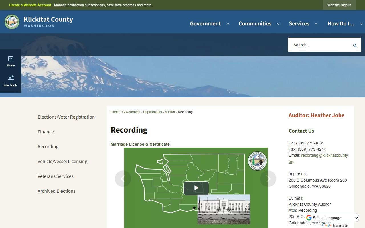 Klickitat County dissolution of marriage auditor recording page