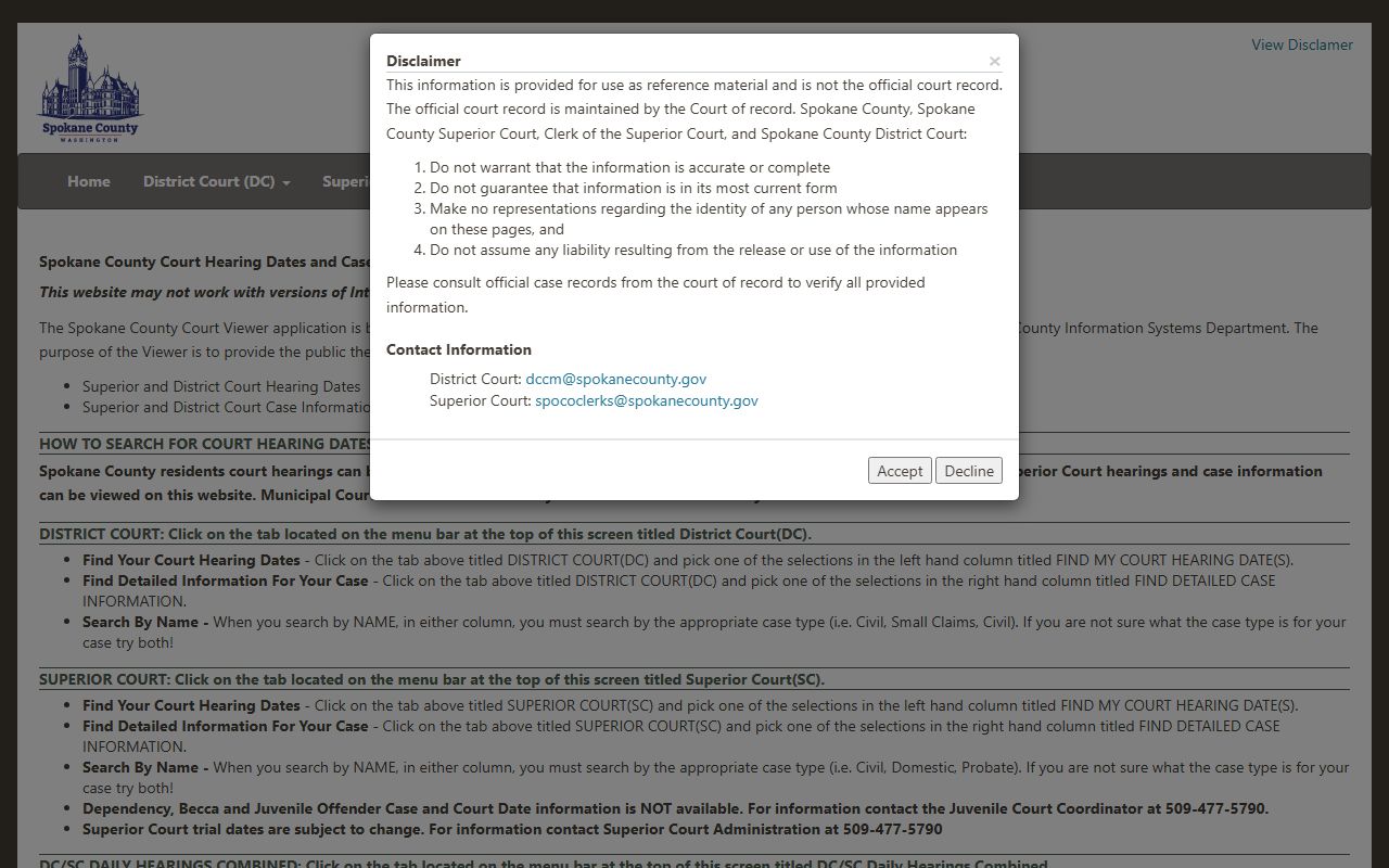Spokane County dissolution of marriage court document viewer search portal
