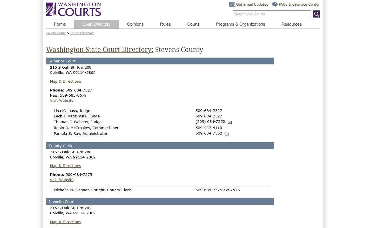 Stevens County dissolution of marriage superior court clerk page