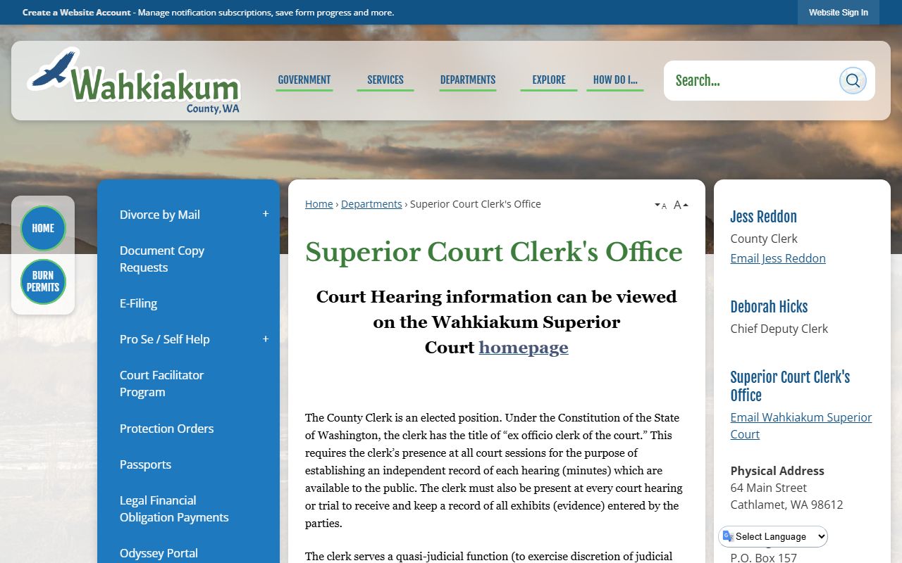 Wahkiakum County dissolution of marriage Superior Court Clerk page