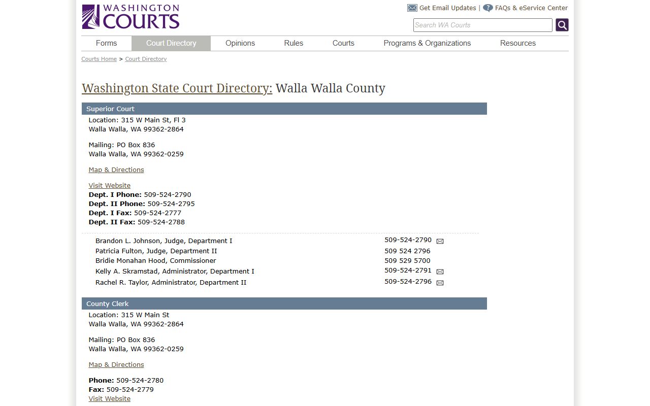 Walla Walla County dissolution of marriage Washington Courts directory page