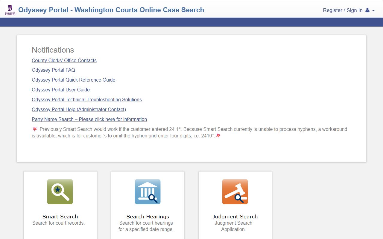 Whatcom County dissolution of marriage Odyssey Portal case search page