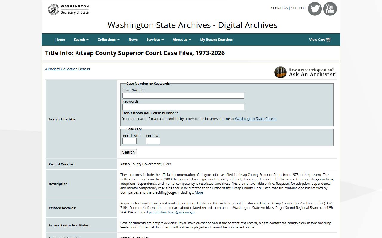 Washington State Digital Archives dissolution of marriage index search interface