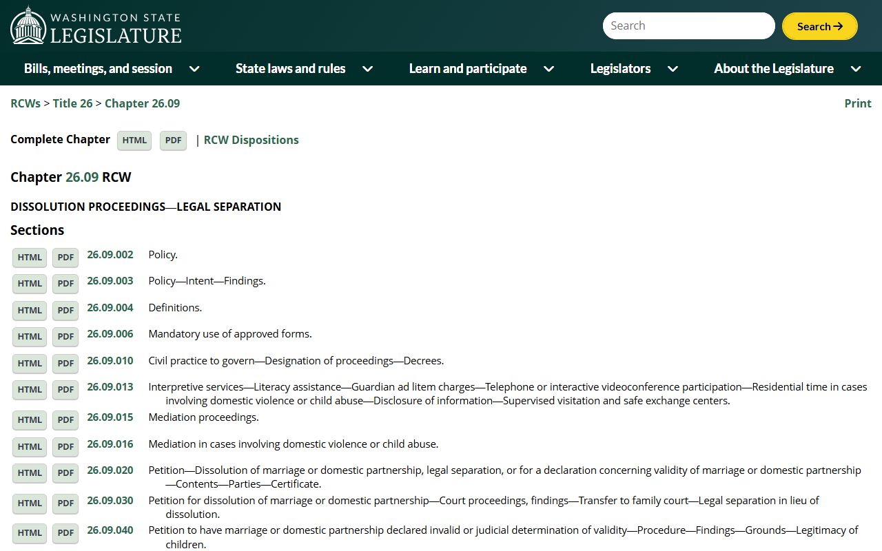 Washington RCW Chapter 26.09 dissolution of marriage statute page