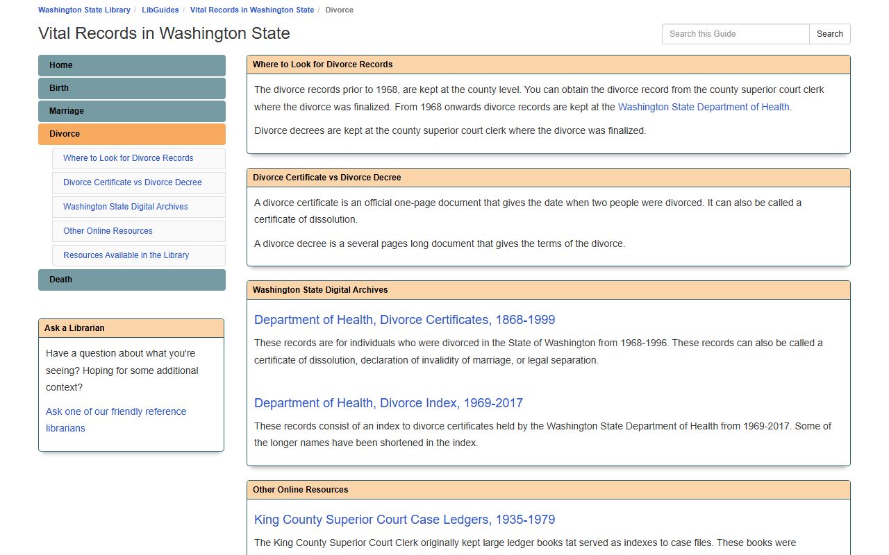 Washington State Library research guides for dissolution of marriage and court records