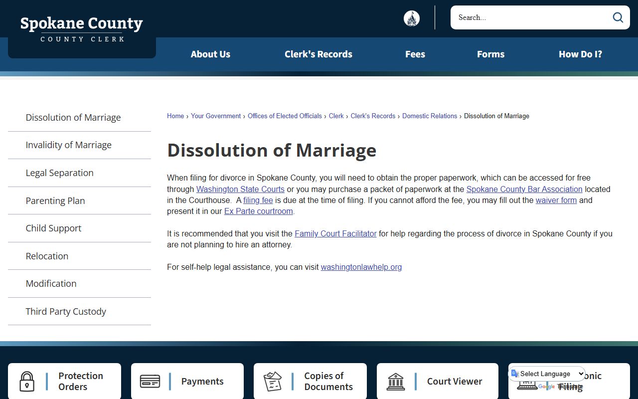 Spokane County dissolution of marriage records and filing information page