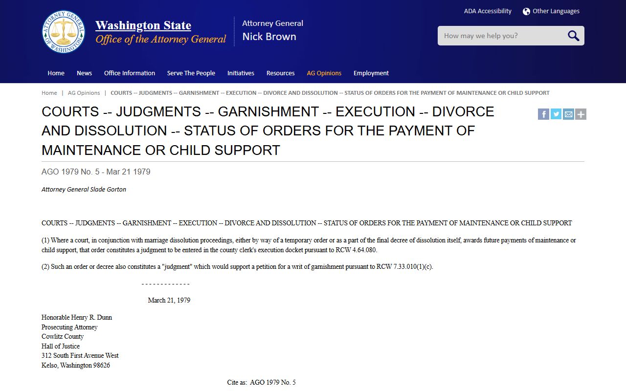 Washington Attorney General opinions on public records access including dissolution of marriage court records