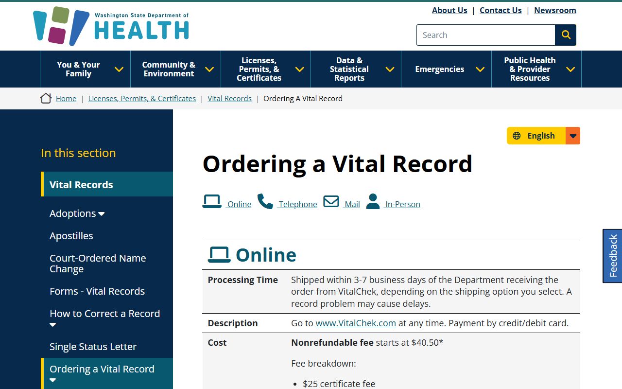 Washington DOH vital records ordering methods fees and processing times for dissolution of marriage certificates