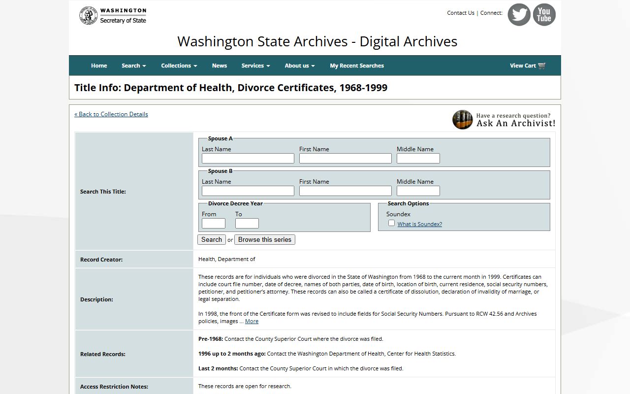 Washington State Digital Archives dissolution of marriage certificate index 1968 to 1999