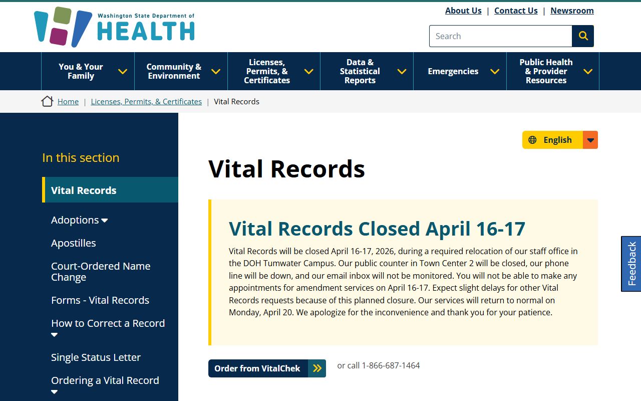 Washington State Department of Health vital records page for dissolution of marriage certificates