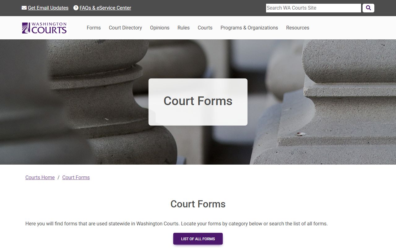 Washington Courts official forms page for dissolution of marriage filings