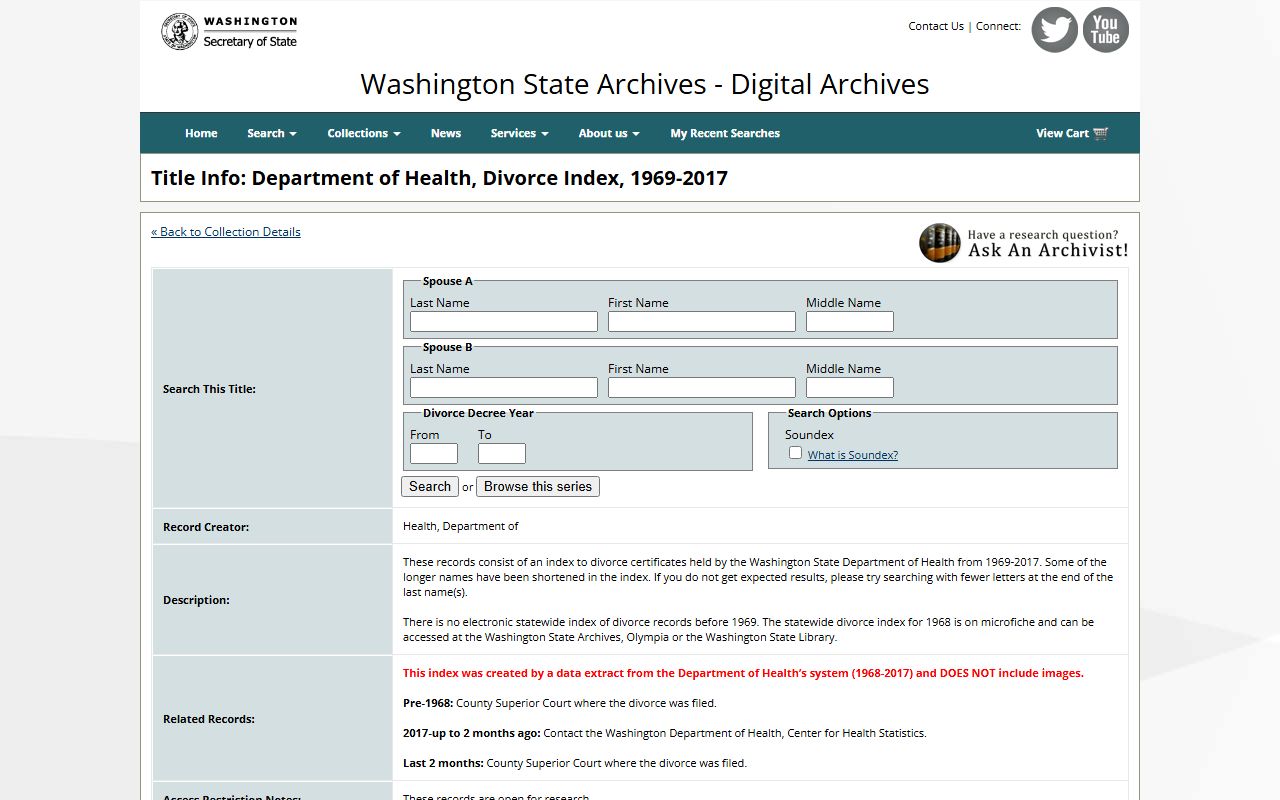 Washington State Department of Health dissolution of marriage index 1969 to 2017